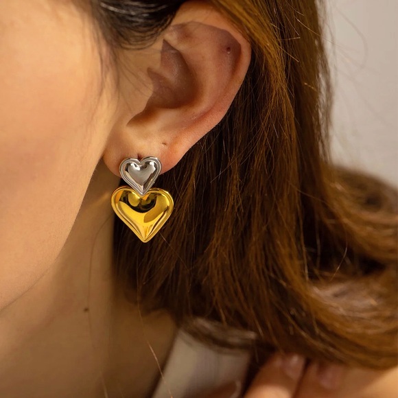 Bicolor Double Heart Earrings*Waterproof*Sweatproof*Tarnish Free - Picture 4 of 6